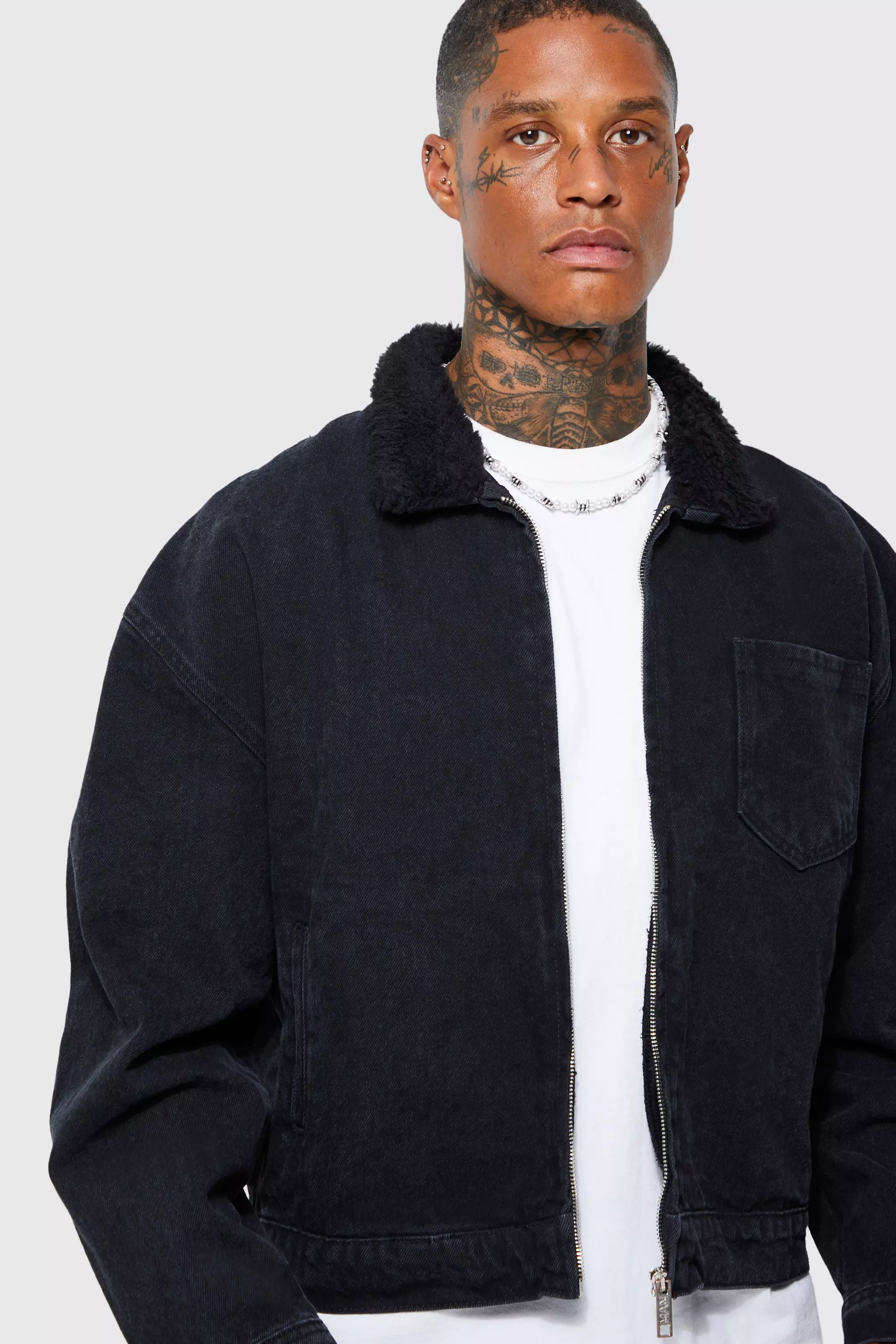 Black denim jacket 2024 with wool collar